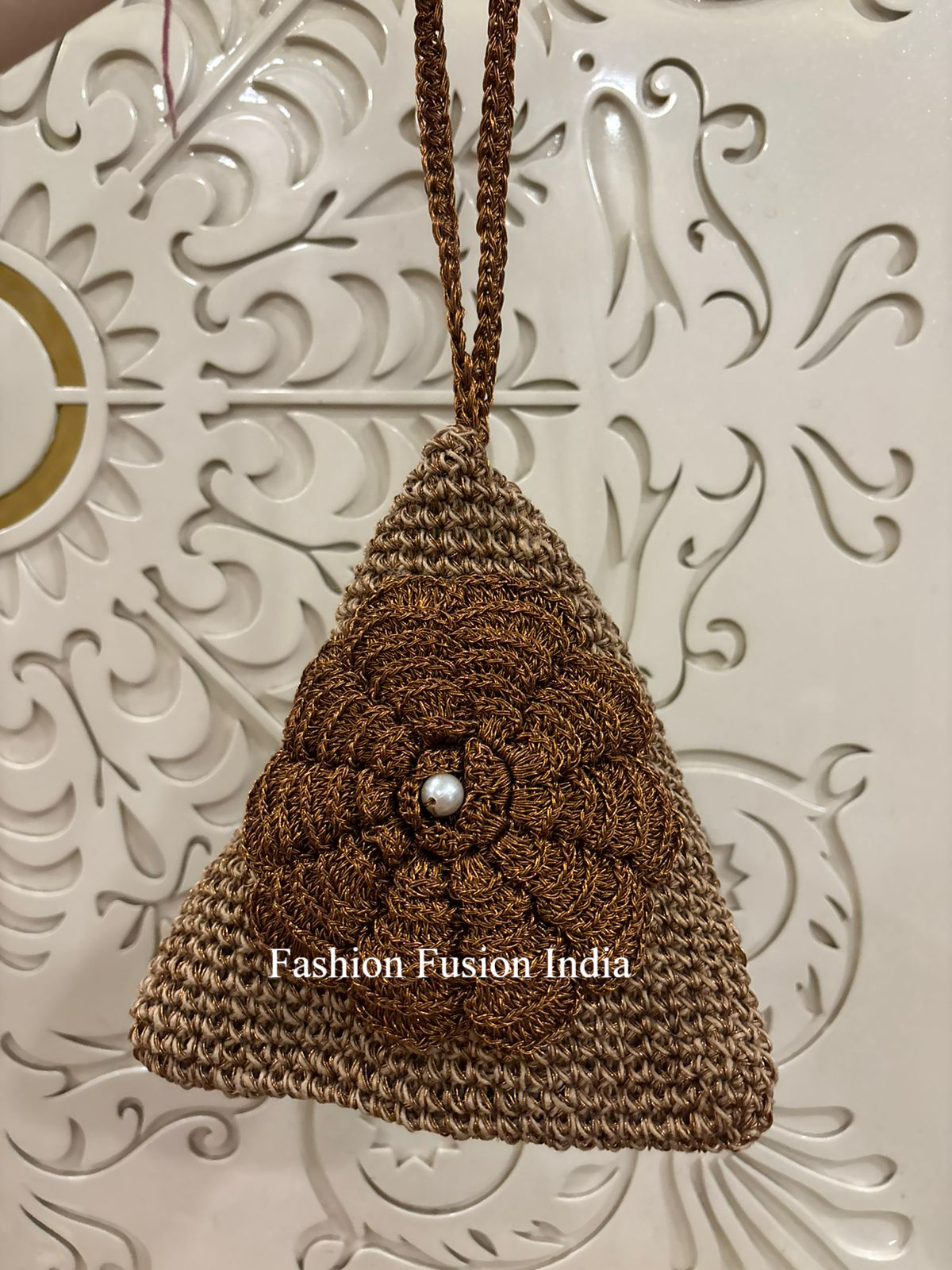 Brown Hand Crochet Triangle Floral Potli Bag | Fashion Fusion India