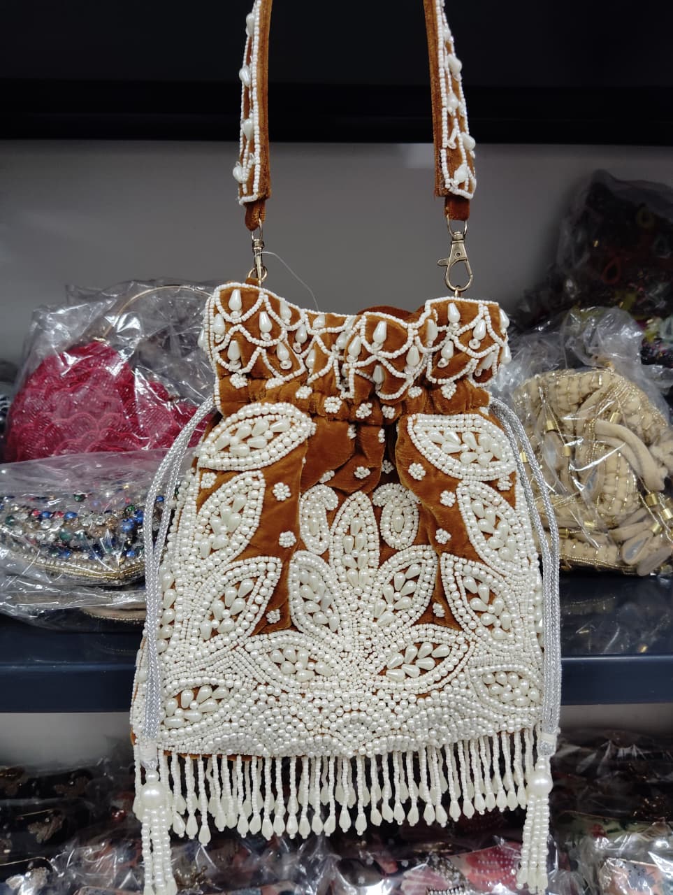 Brown Velvet Pearl Embroidered Potli Bag