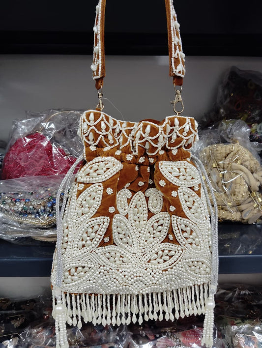 Brown Velvet Pearl Embroidered Potli Bag