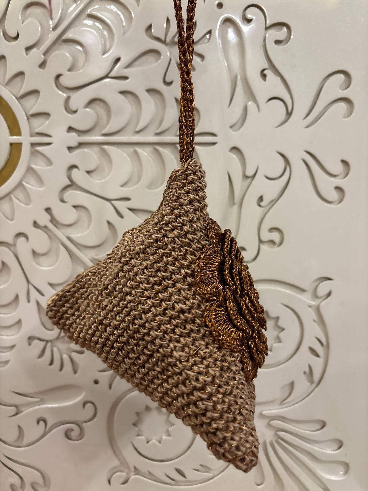 Brown Hand Crochet Triangle Floral Potli Bag | Fashion Fusion India