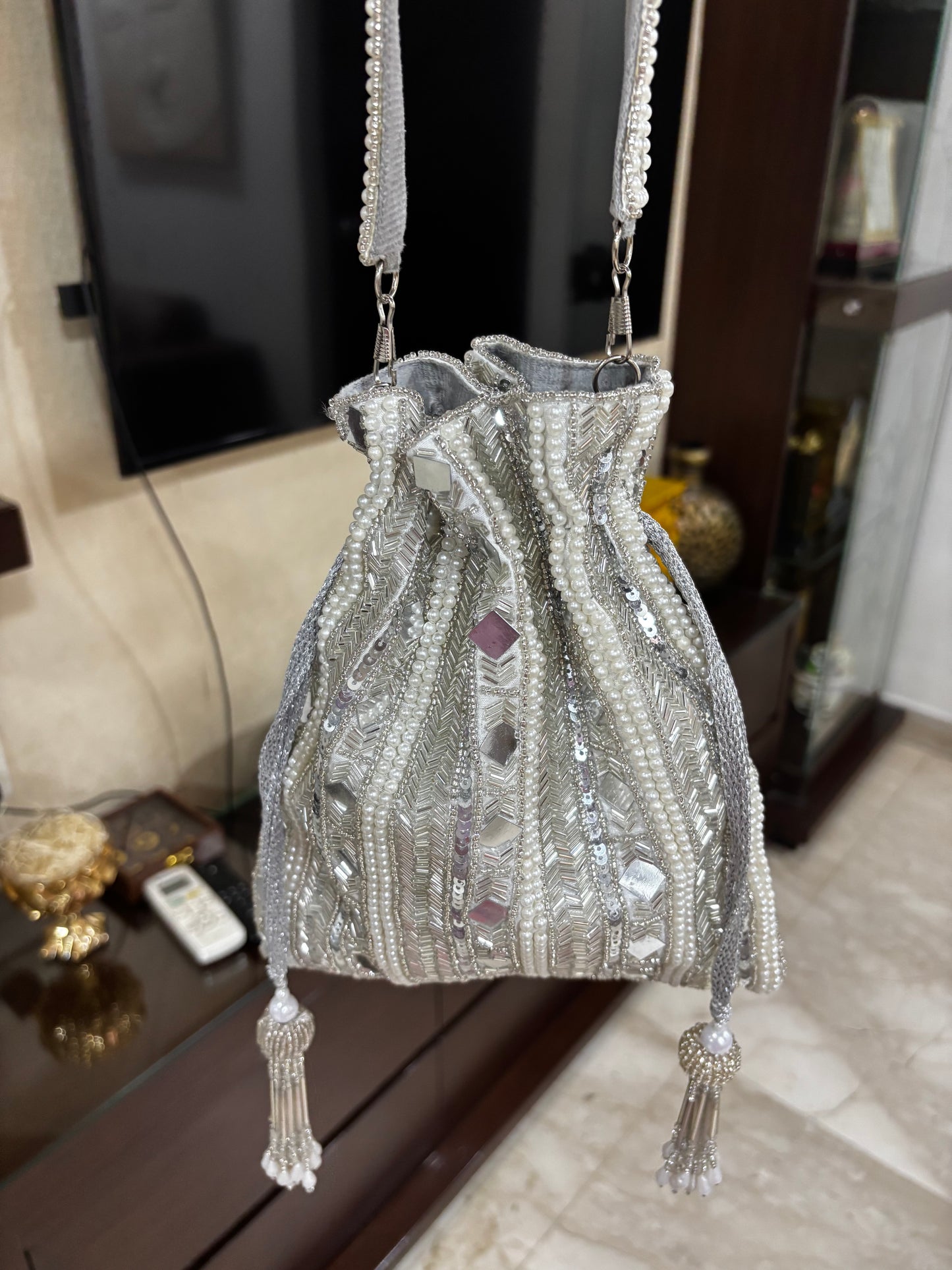 Silver & Pearls Mirror Potli Bag