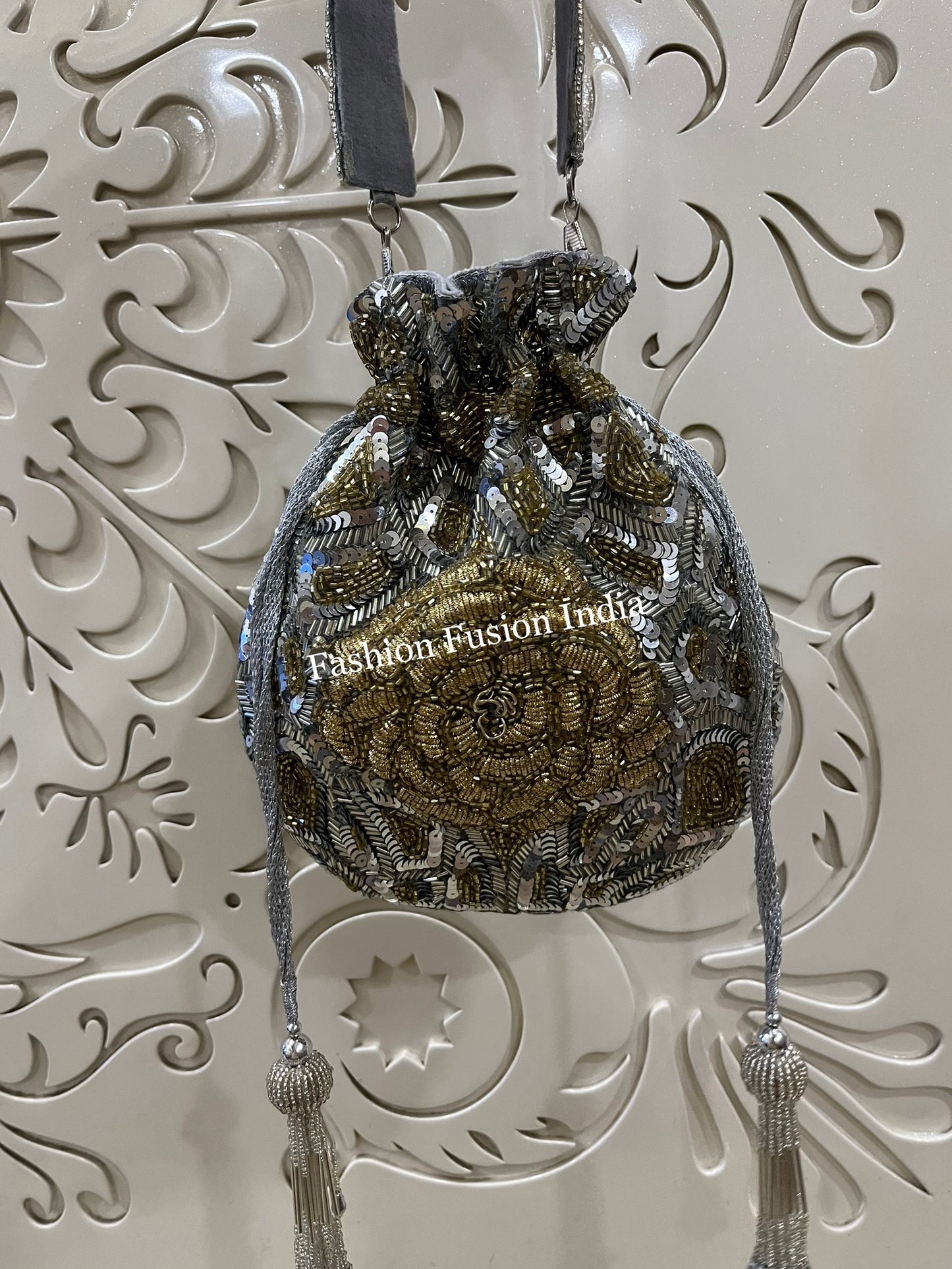Embroidered Sequin Potli Bag – Handmade Designer Bridal & Festive Purse by Fashion Fusion India