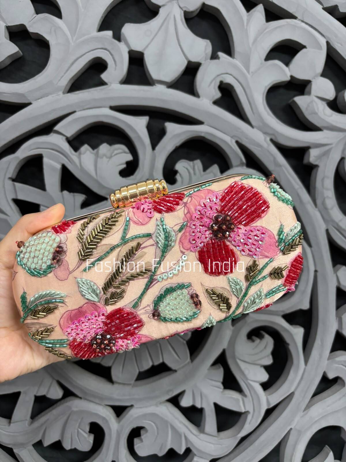 Champagne Beige Floral Hand Embroidered Clutch Bag with Beadwork