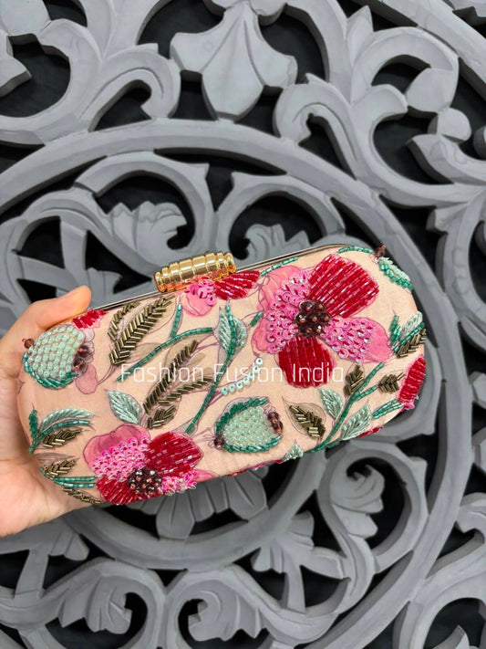 Champagne Beige Floral Hand Embroidered Clutch Bag with Beadwork