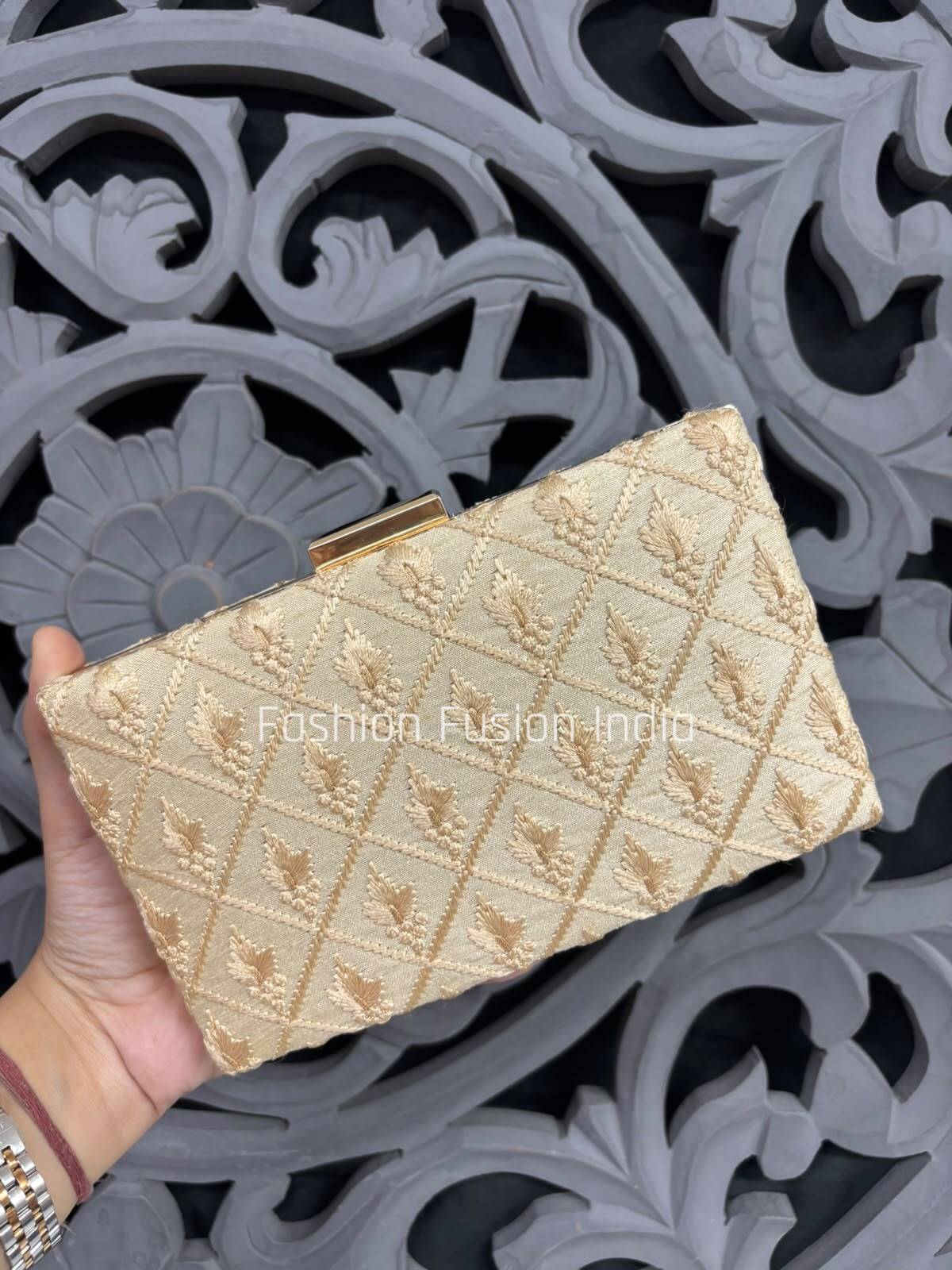 Champagne Gold Embroidered Clutch Bag 