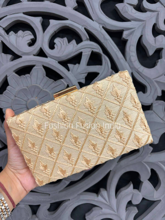 Champagne Gold Embroidered Clutch Bag 
