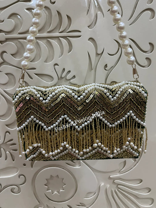 Luxury Gold Pearl Fringe Beaded Flap Clutch – Handcrafted Bridal & Party Bag | Fashion Fusion India