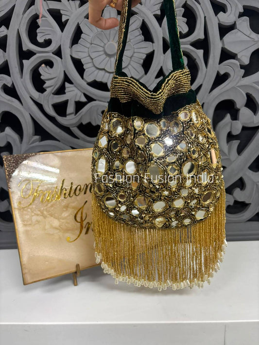 Dark Green & Mirror Work Beaded Fringe Potli Bag 