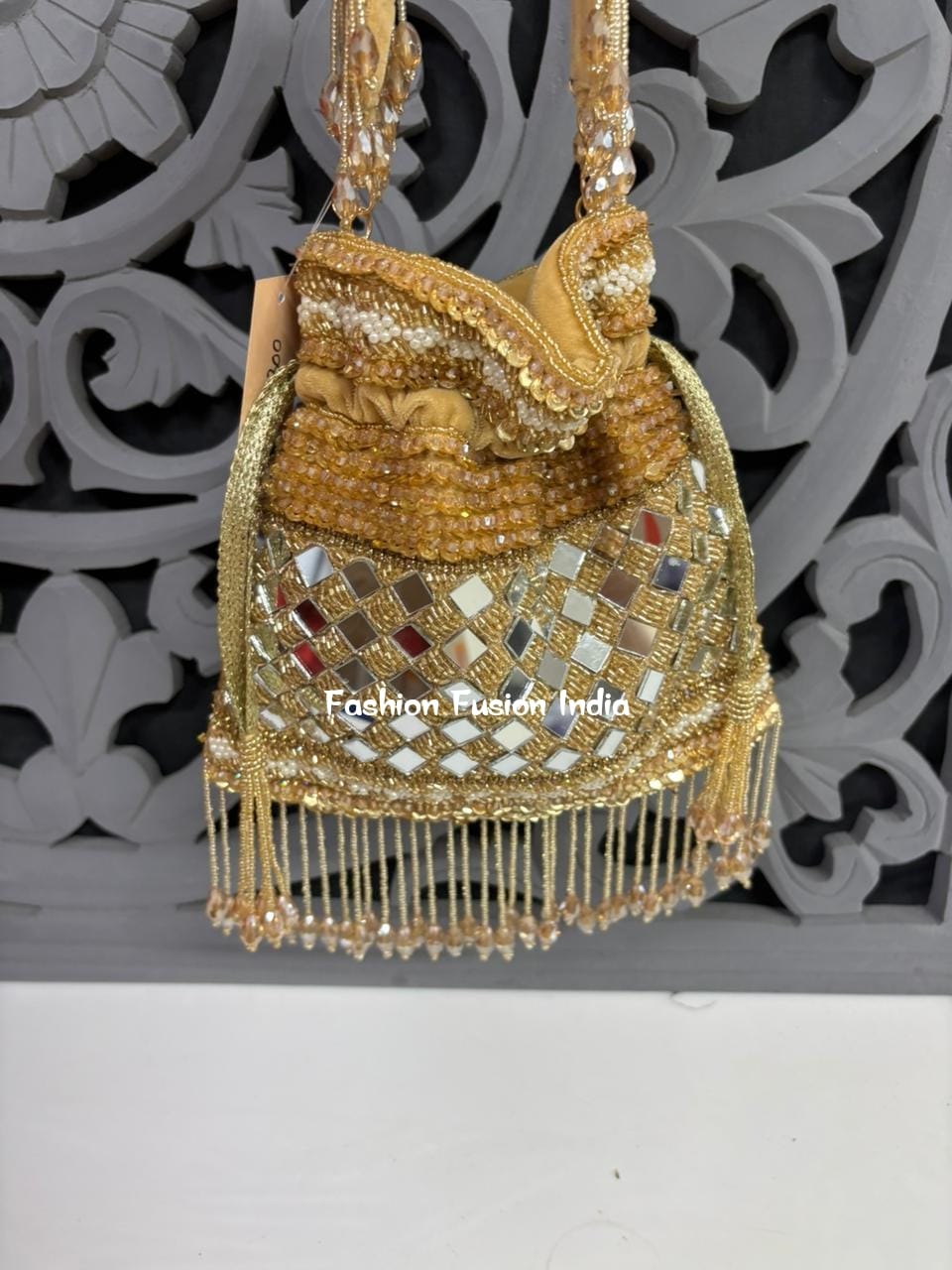 Gold Mirror Work Fringe Bridal Potli Bag – Elegant Handcrafted Wedding | Fashion Fusion India