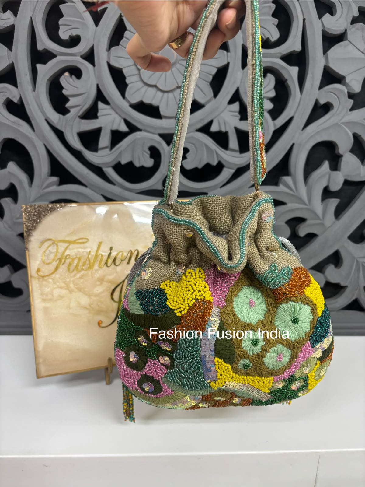 Designer Hand Embroidered Jute Potli Bag for Women