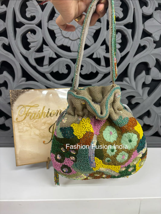 Designer Hand Embroidered Jute Potli Bag for Women
