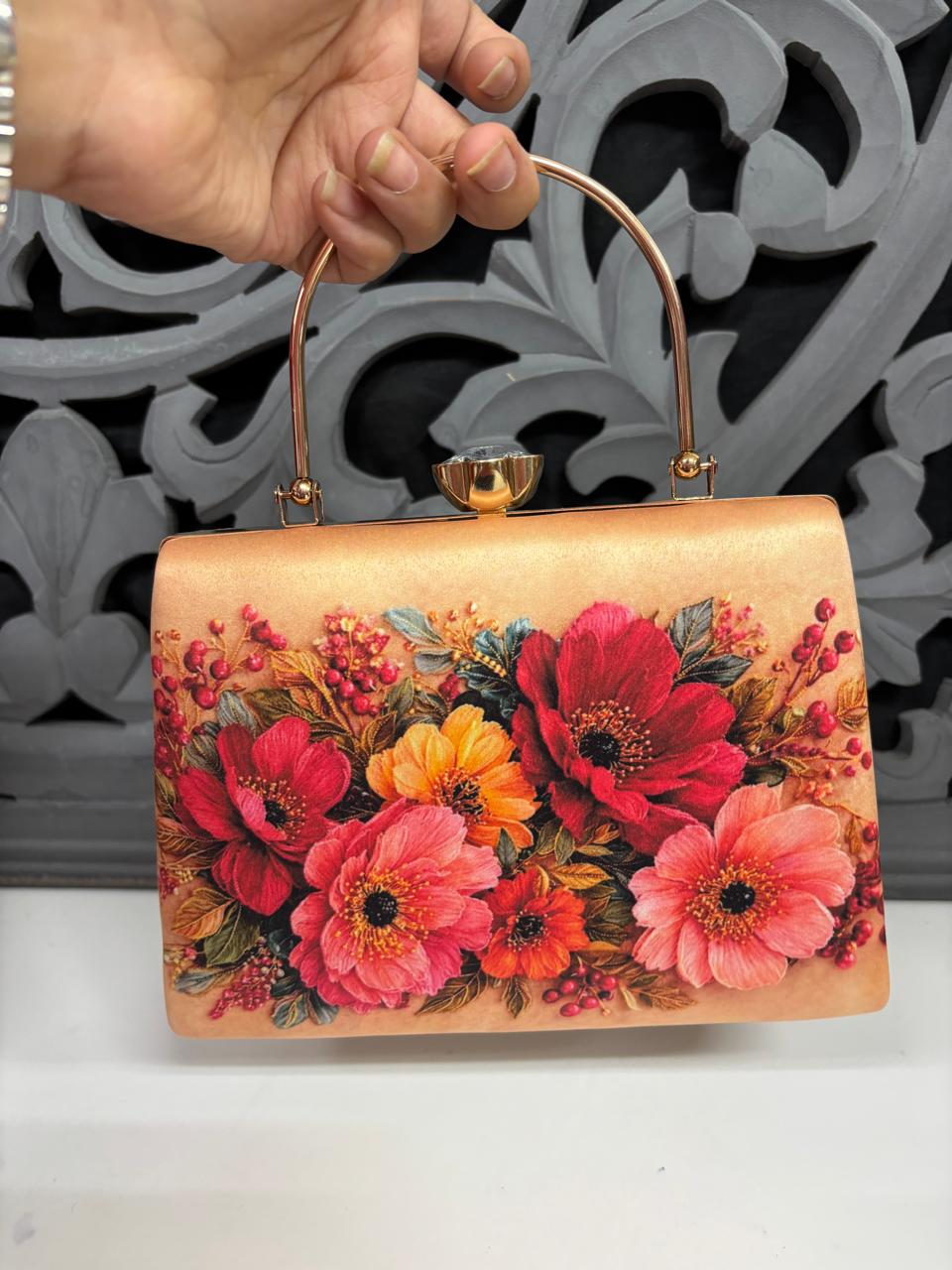 Peach Floral Hand Embroidery Digital Highlight Clutch Bag by Fashion Fusion India