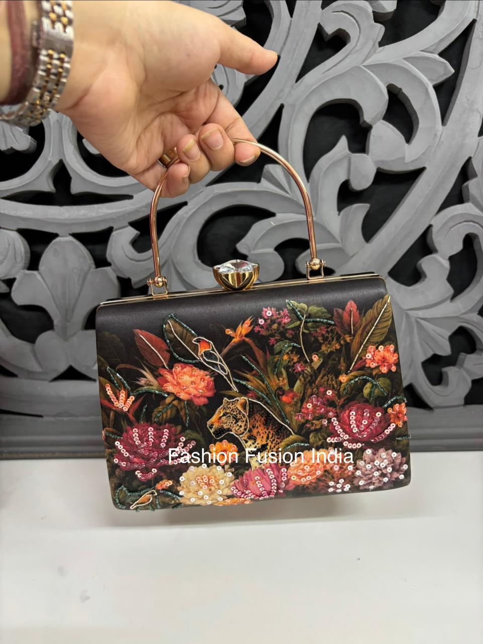 Black Digital Highlight Floral Clutch Bag by Fashion Fusion India
