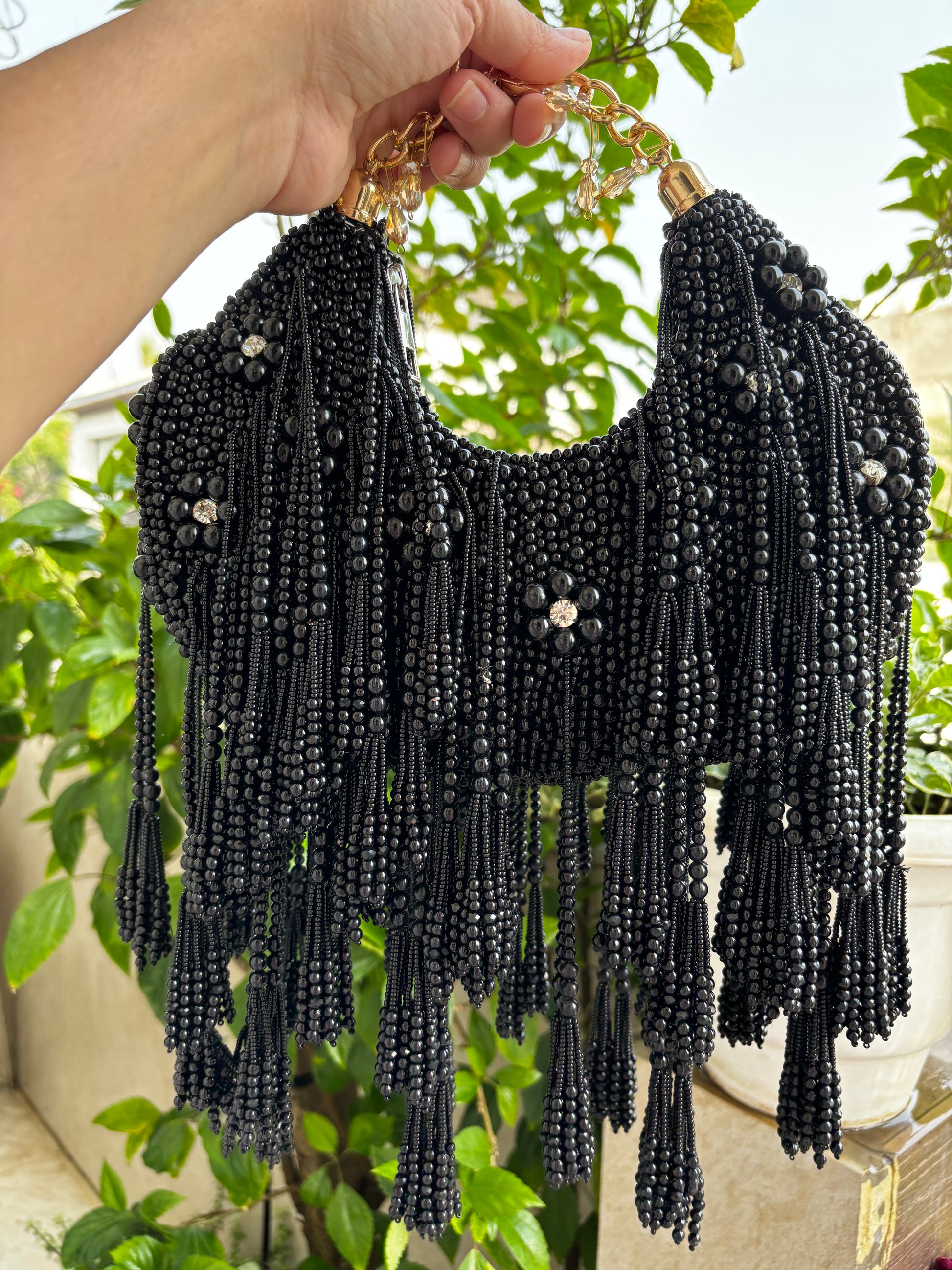 Black Beaded Fringe Handbag Handmade Party Evening Shoulder