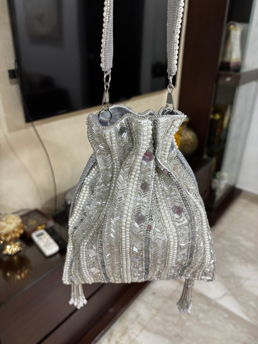 Silver & Pearls Mirror Potli Bag