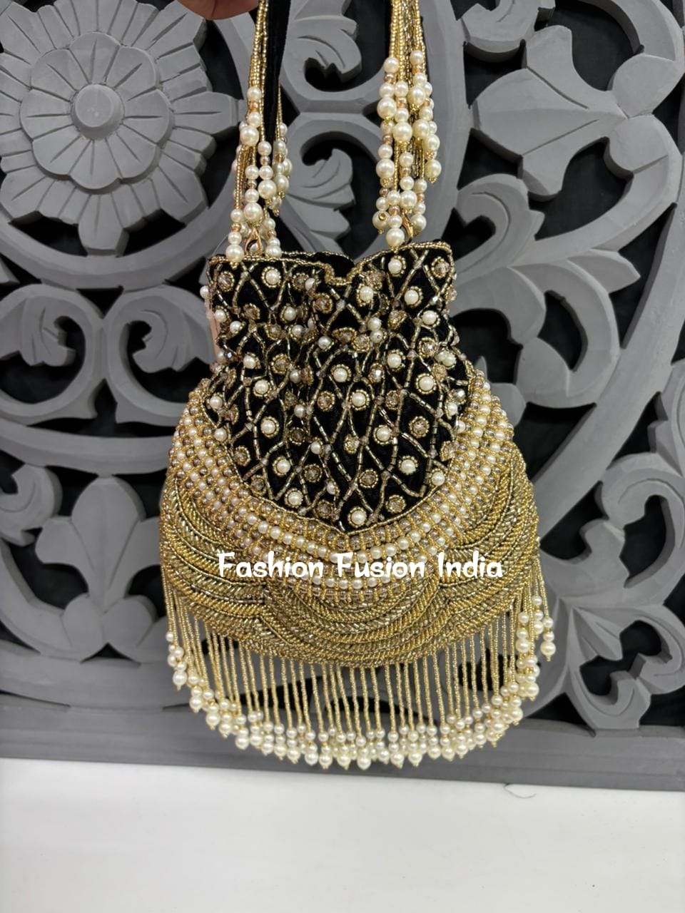 Black & Gold Pearl Fringe Bridal Potli Bag – Elegant Handcrafted Wedding & Festive Ethnic Clutch | Fashion Fusion India
