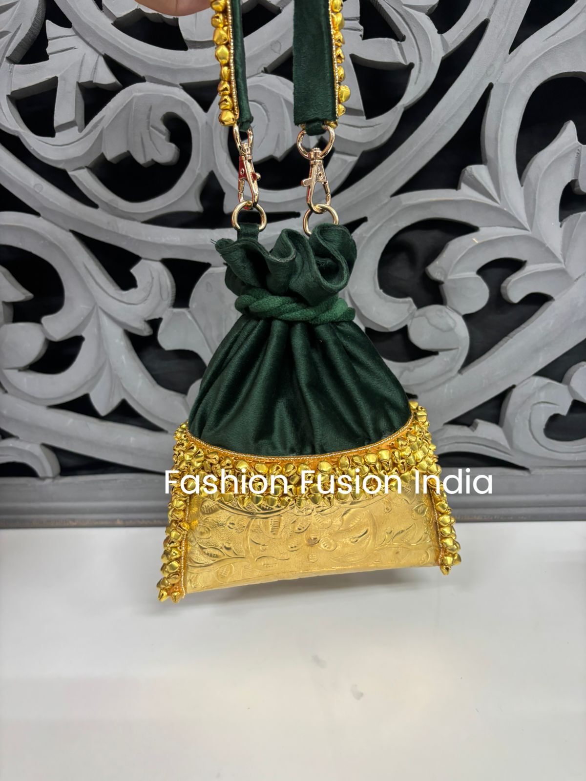Emerald Green Velvet Metal Potli Bag with Ghungroo