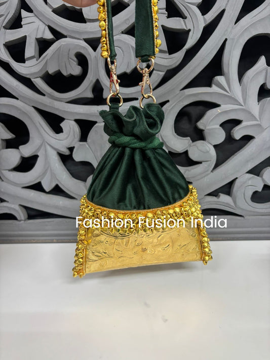 Emerald Green Velvet Metal Potli Bag with Ghungroo