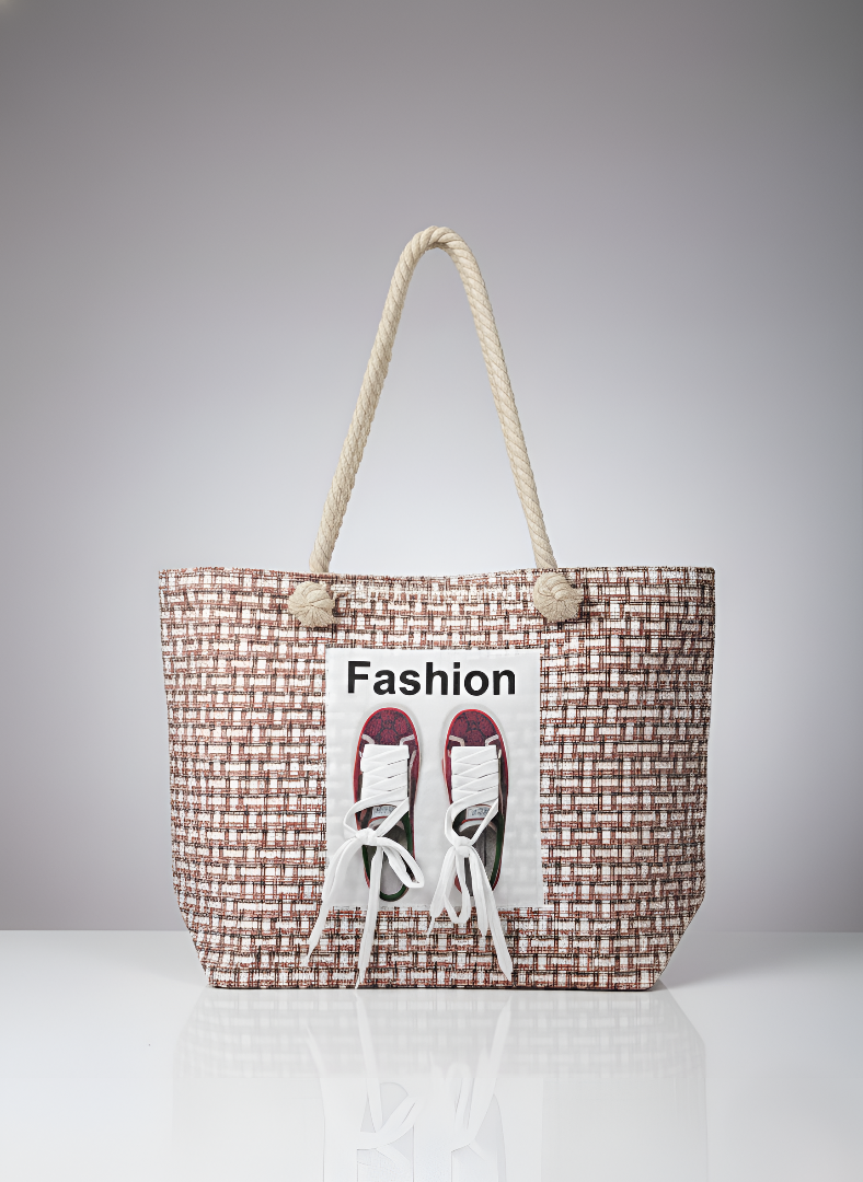Brown and white woven tote bag with rope handles and sneaker applique, handcrafted everyday shoulder bag on neutral background