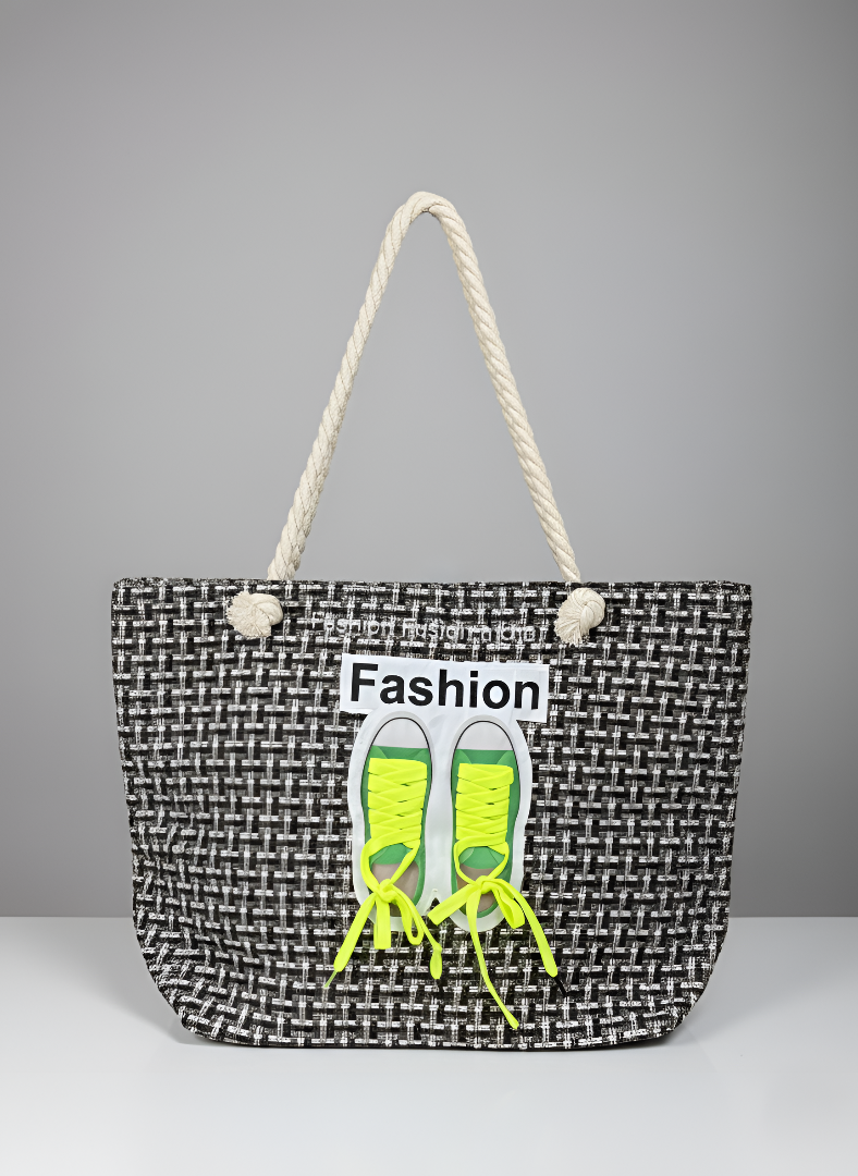 Black and white woven tote bag with rope handles and neon lace sneaker design, handmade casual shoulder bag