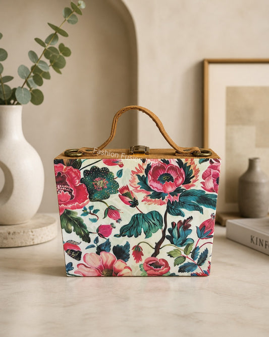 Floral print wooden clutch bag on beige décor background