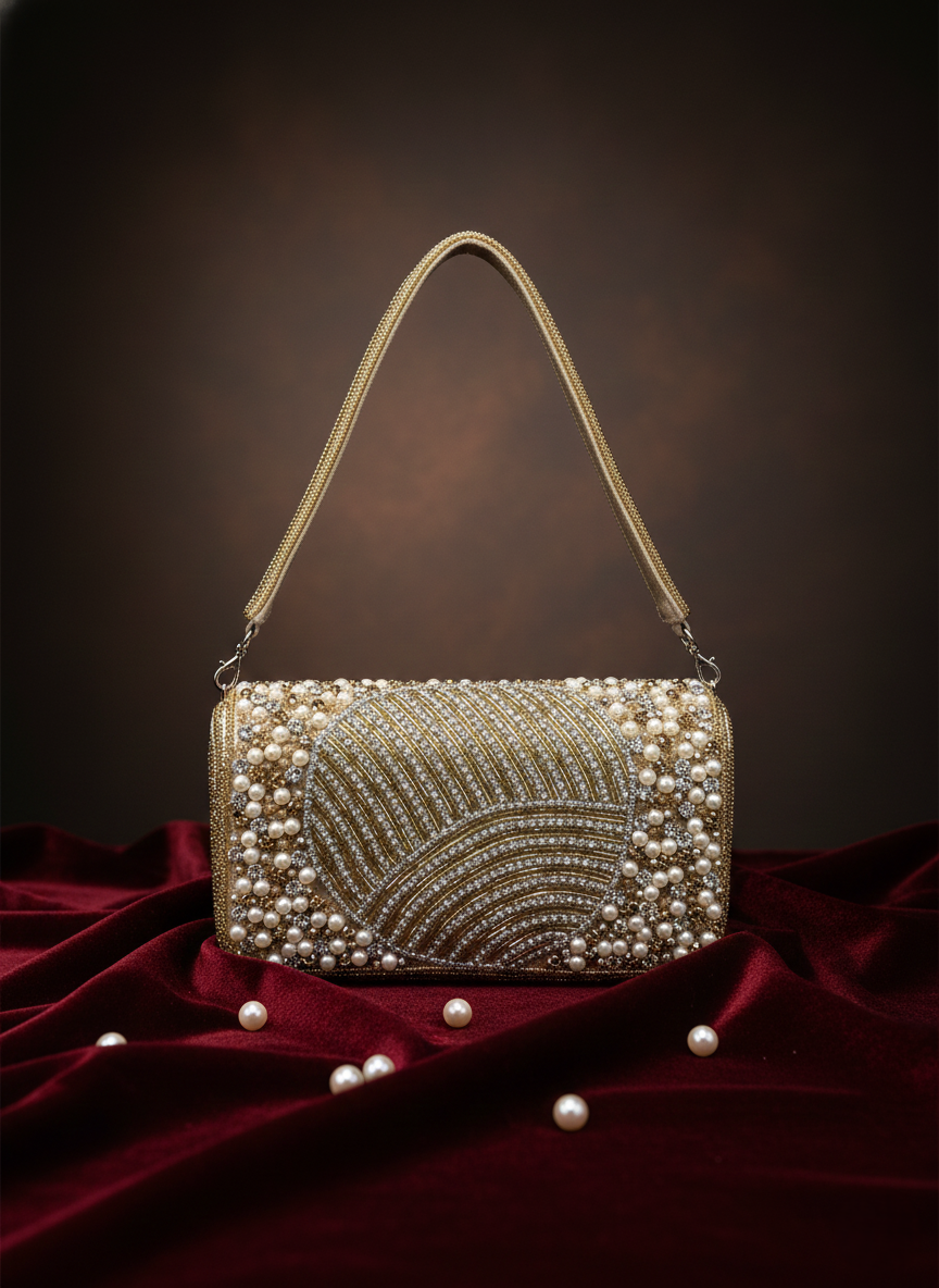 Decorative handbag with pearls on a red fabric background
