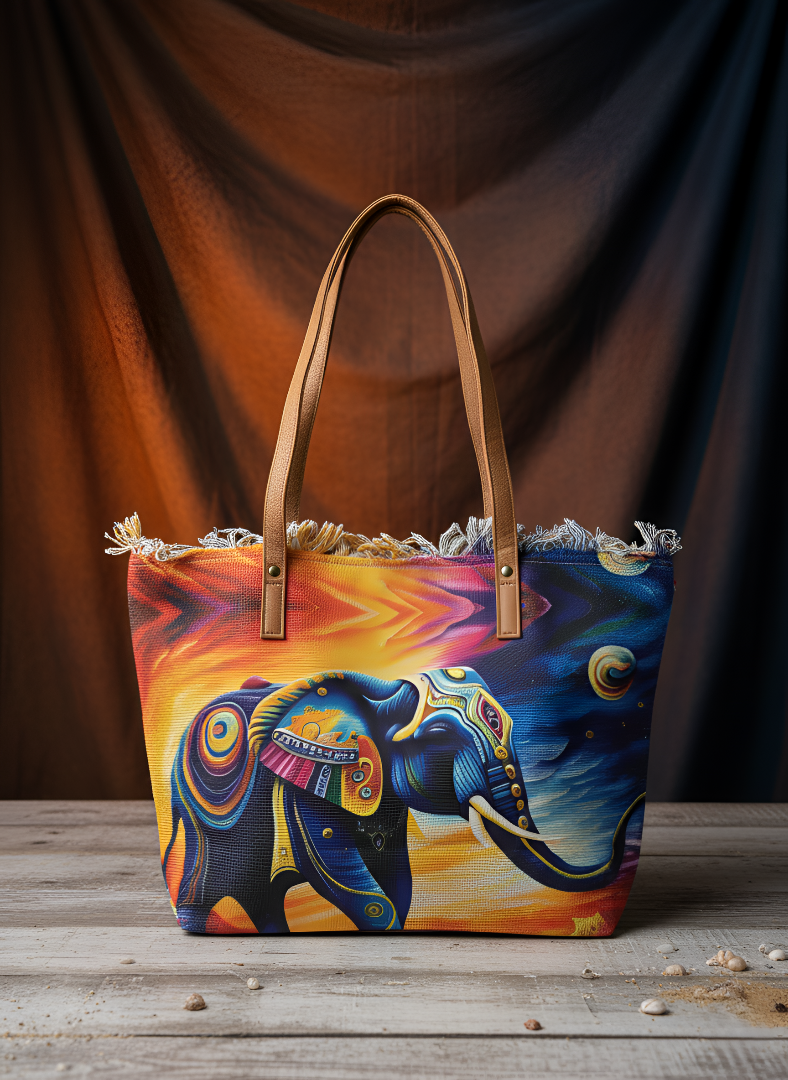 Colorful elephant tote bag with a brown handle on a wooden surface and brown fabric background