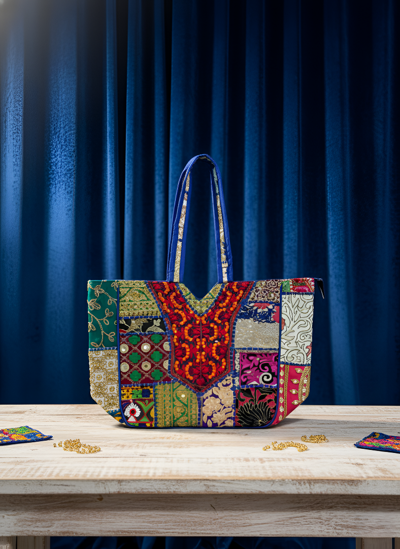 Colorful patchwork handbag on a wooden table with a blue curtain background