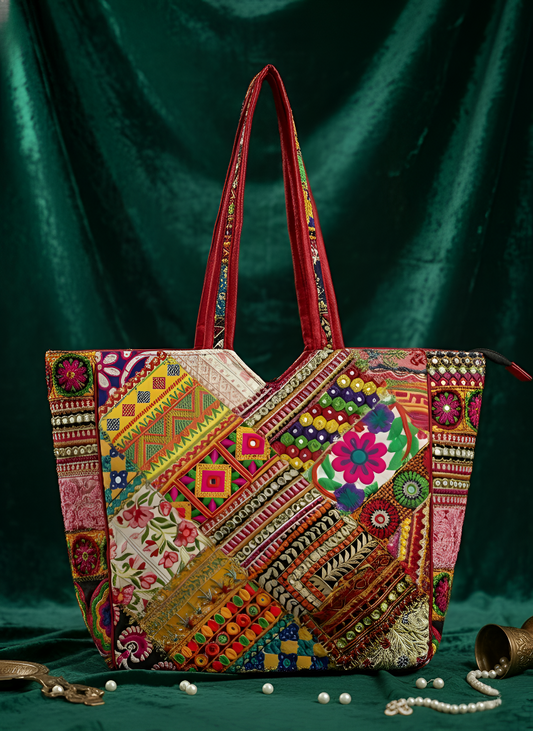 Embroidered Patchwork Tote Bag – Handmade Boho Ethnic Shoulder Bag by Fashion Fusion India