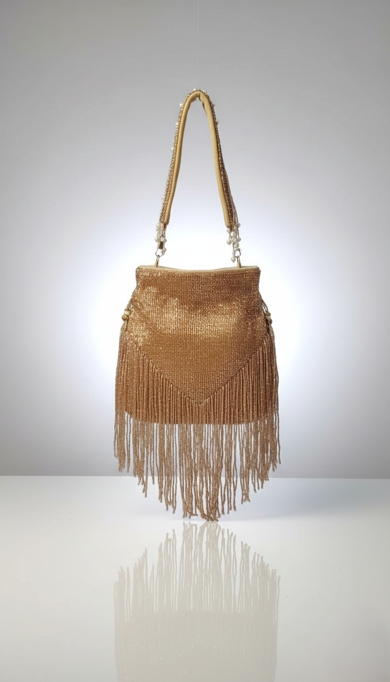 Brown handbag with fringe details on a reflective surface and light gray background