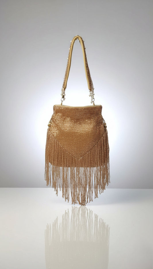 Brown handbag with fringe details on a reflective surface and light gray background