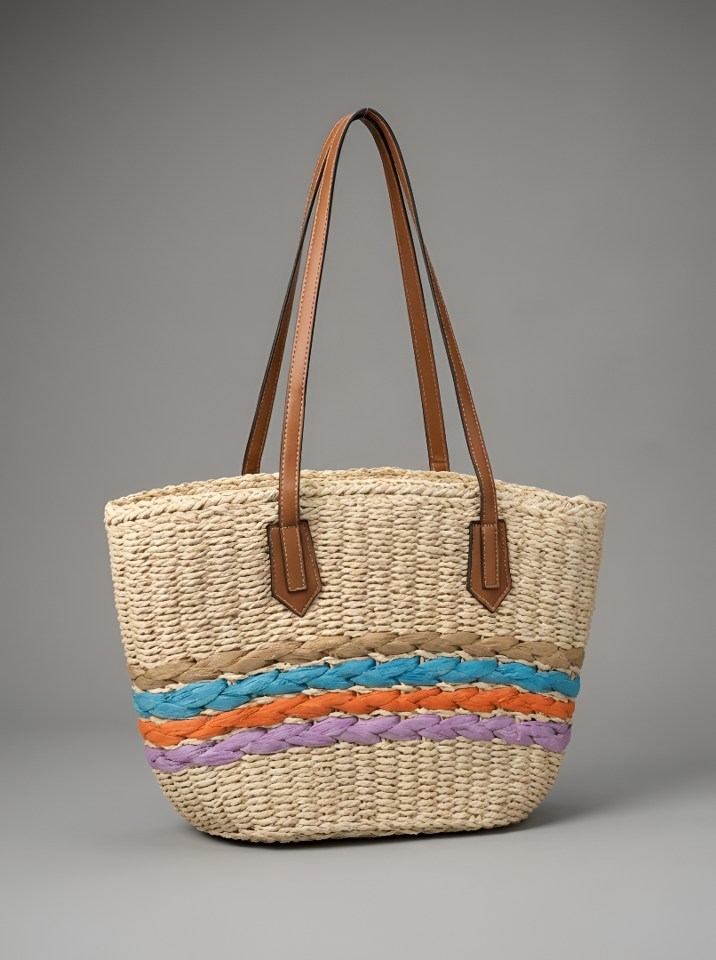 Woven bag with colorful accents on a gray background