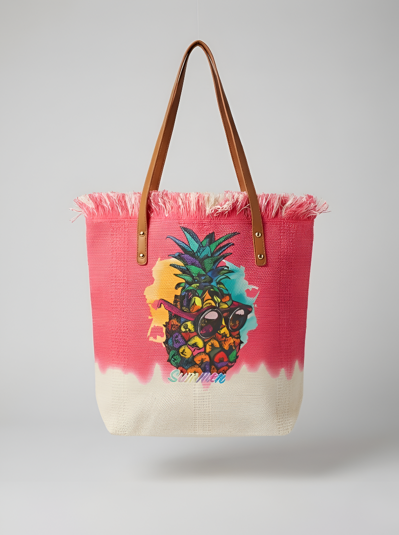 Tote bag with colorful pineapple design on a pink and white background