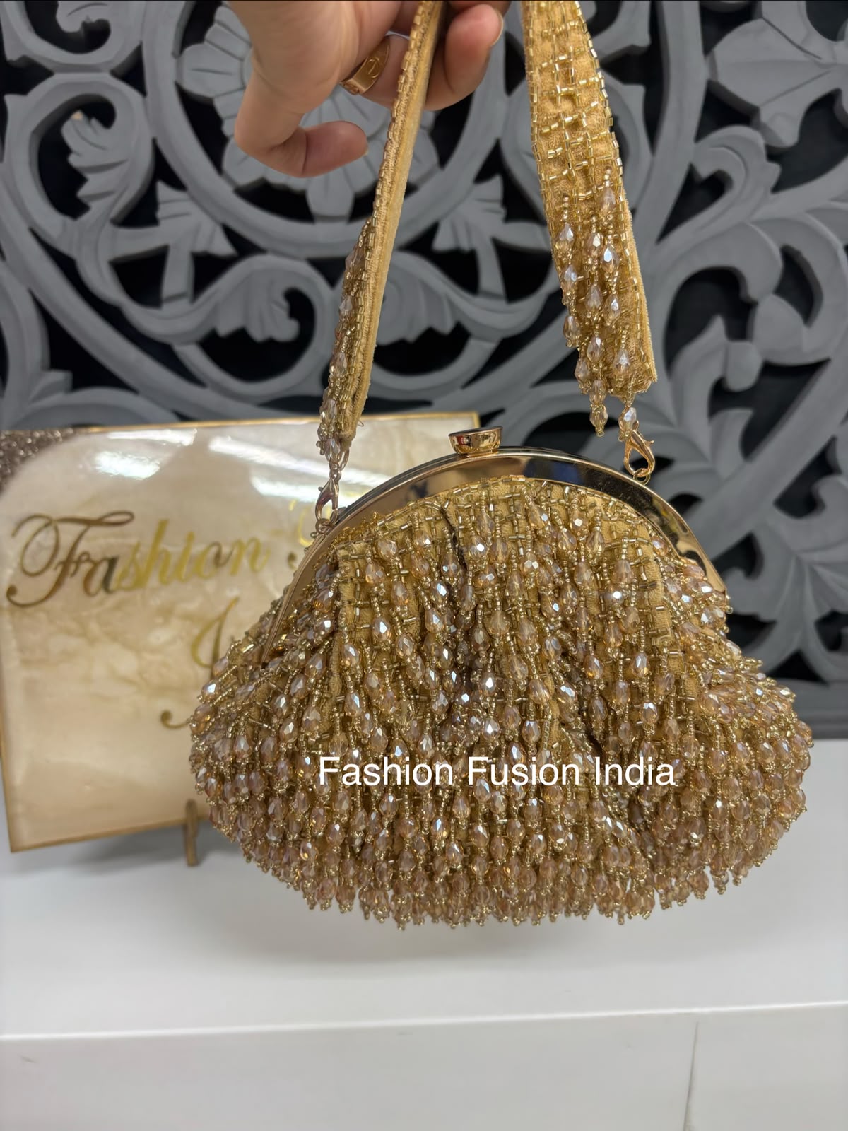 Gold Crystals Embroidery Batua Bag by Fashion Fusion India