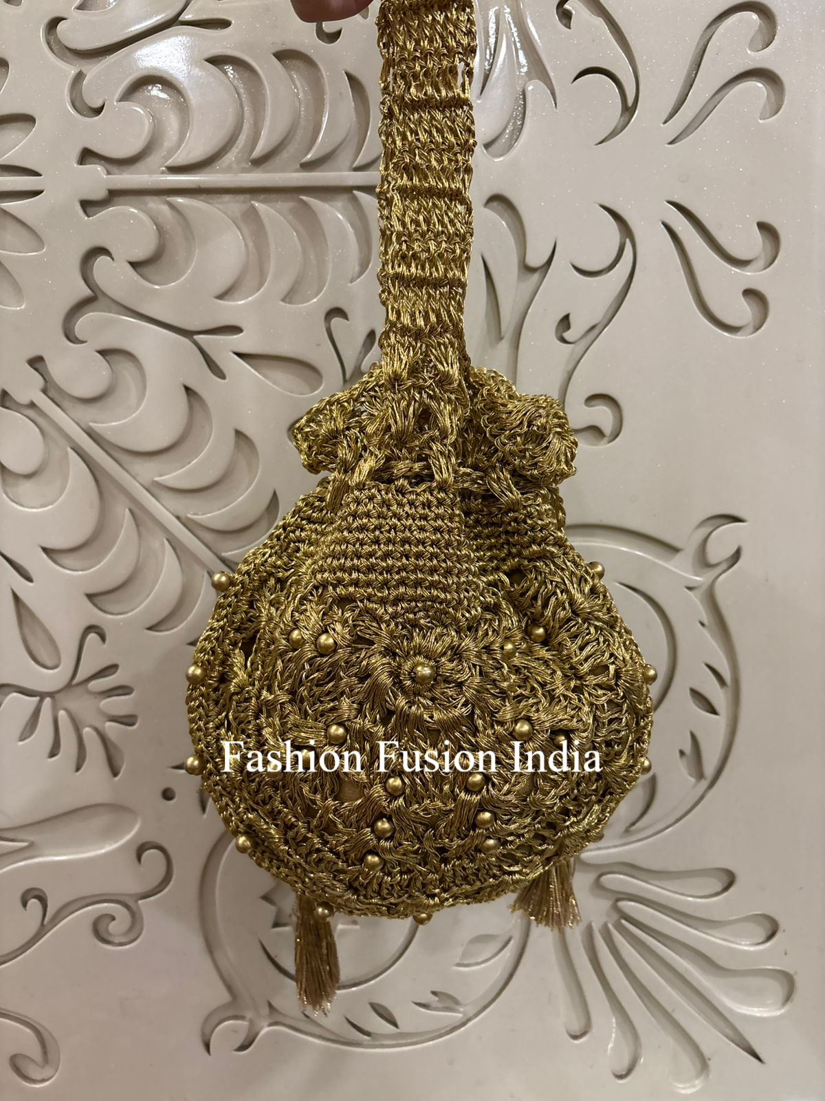 Gold Hand Crochet Floral Potli Bag | Fashion Fusion India