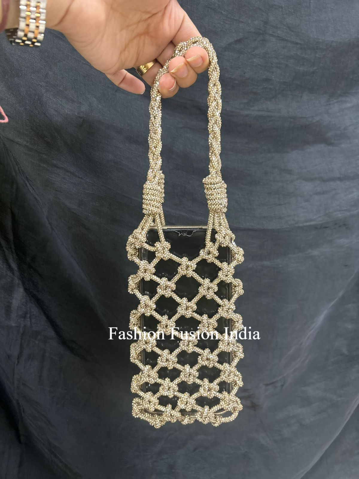 Gold Rhinestone Mobile Sling Bag | Fashion Fusion India