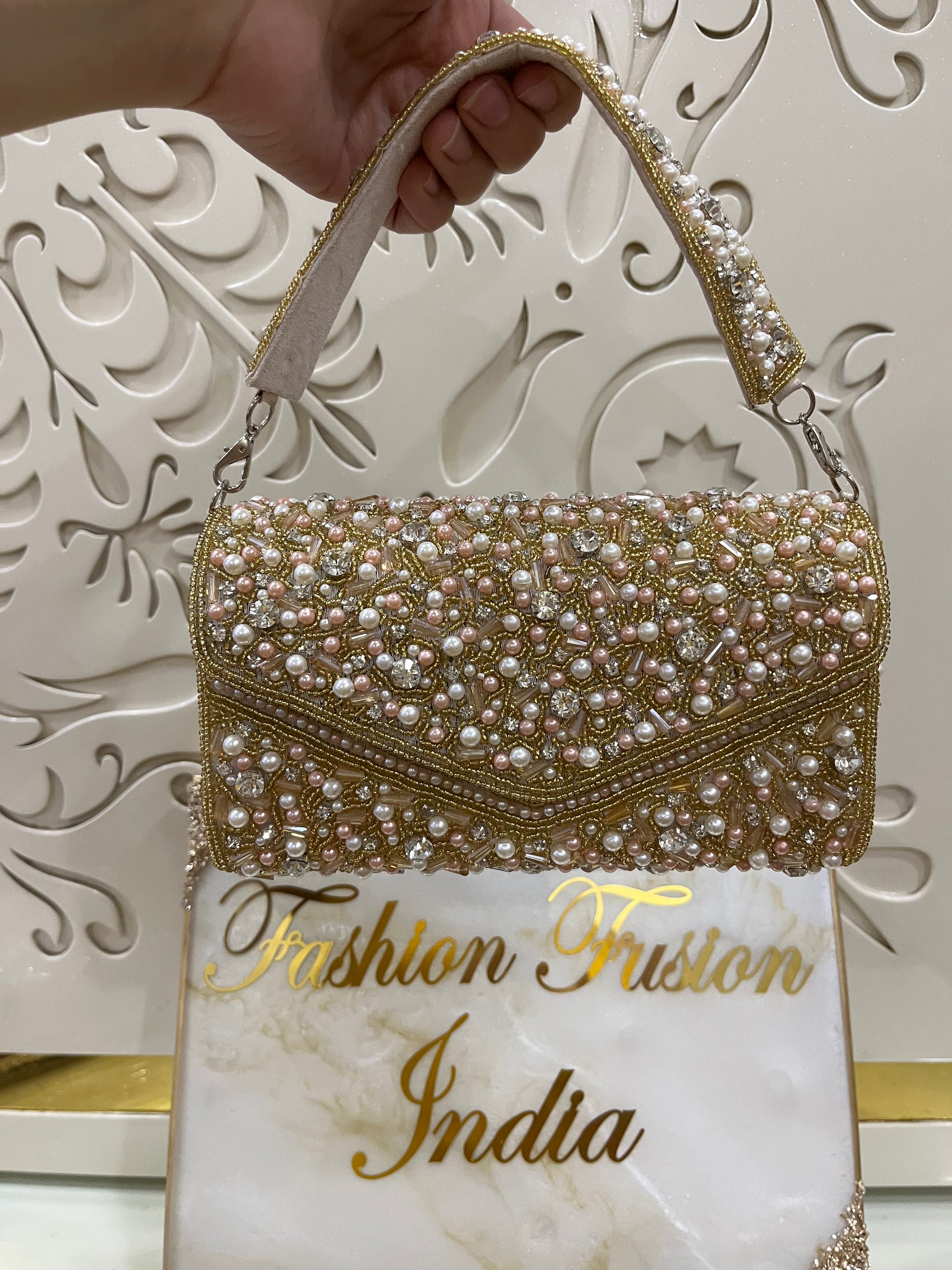 Gold Pearl Beaded Clutch Bag