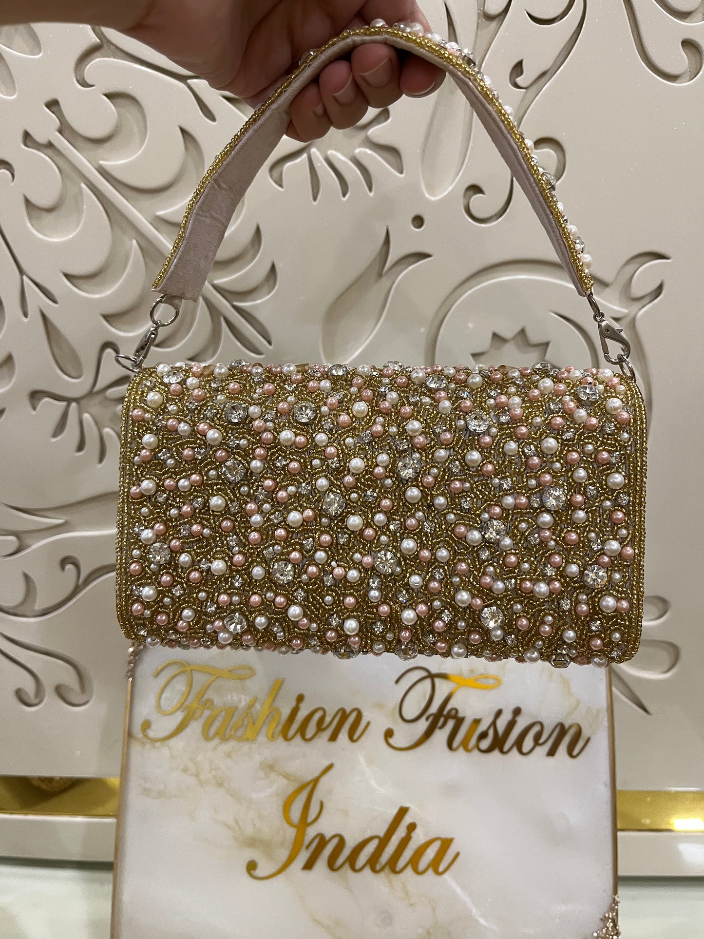 Gold Pearl Beaded Clutch Bag
