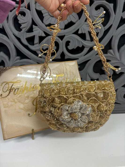 Gold Floral Beaded Embroidered Party Clutch Bag | Designer Wedding & Evening Clutch for Women – Fashion Fusion India