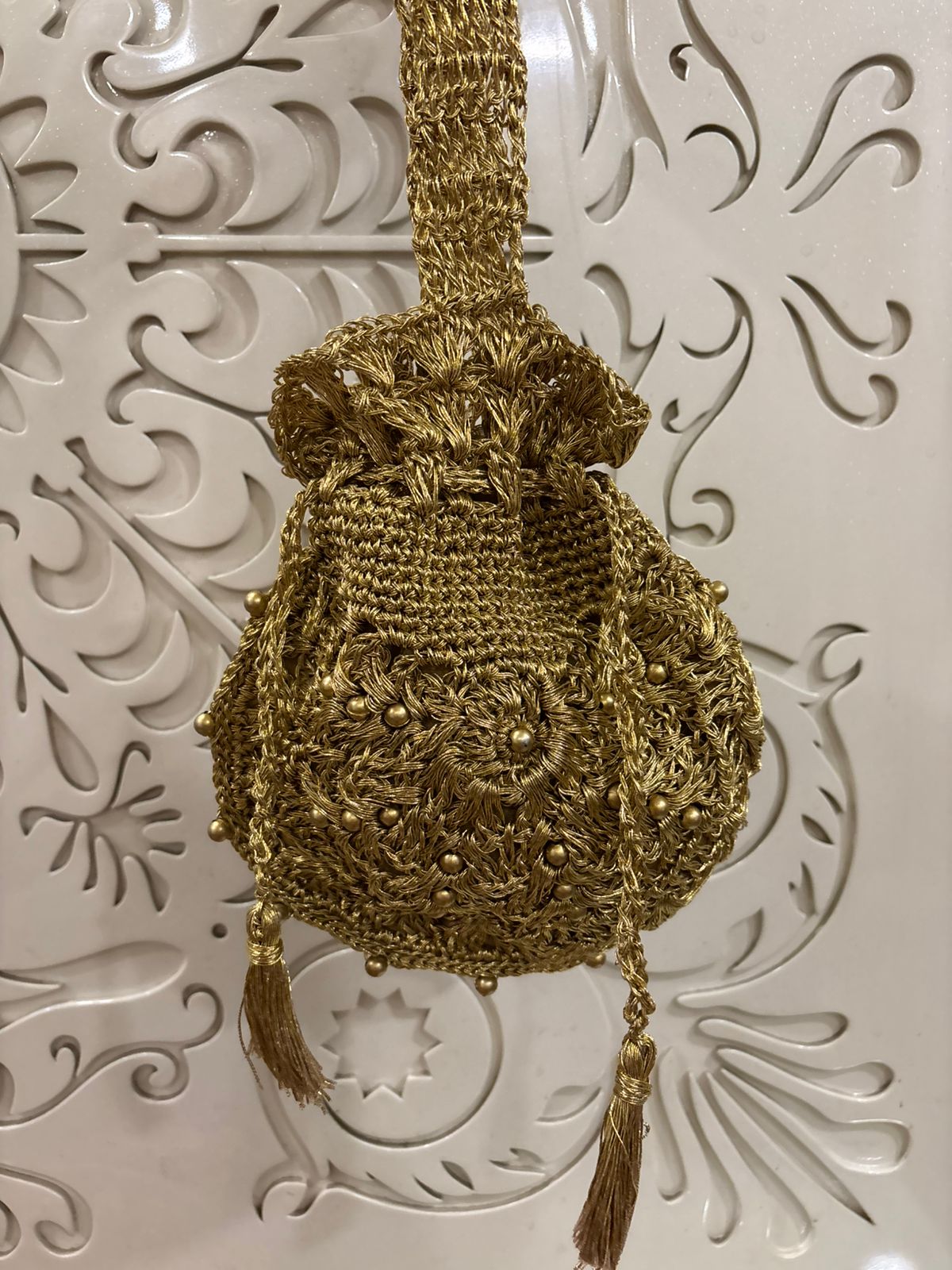 Gold Hand Crochet Floral Potli Bag | Fashion Fusion India