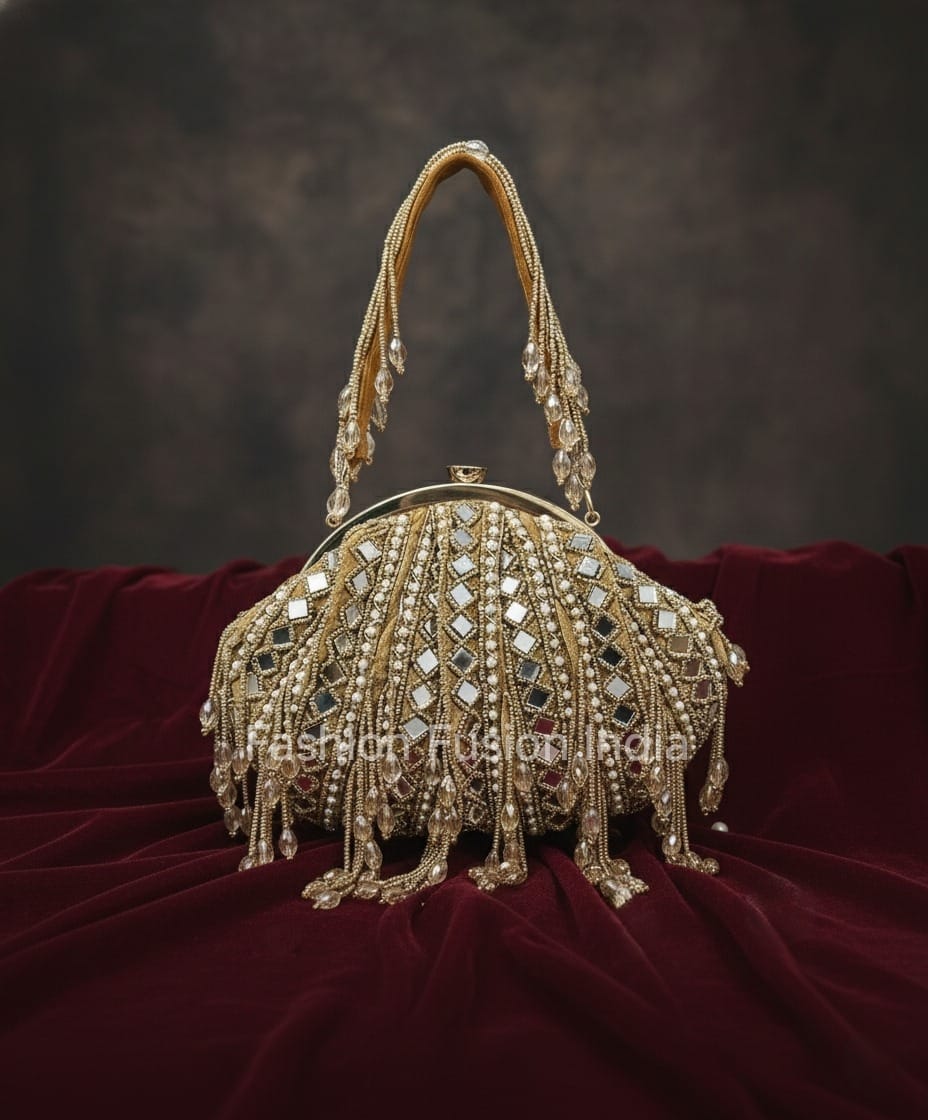 Gold beaded handbag on a red fabric background