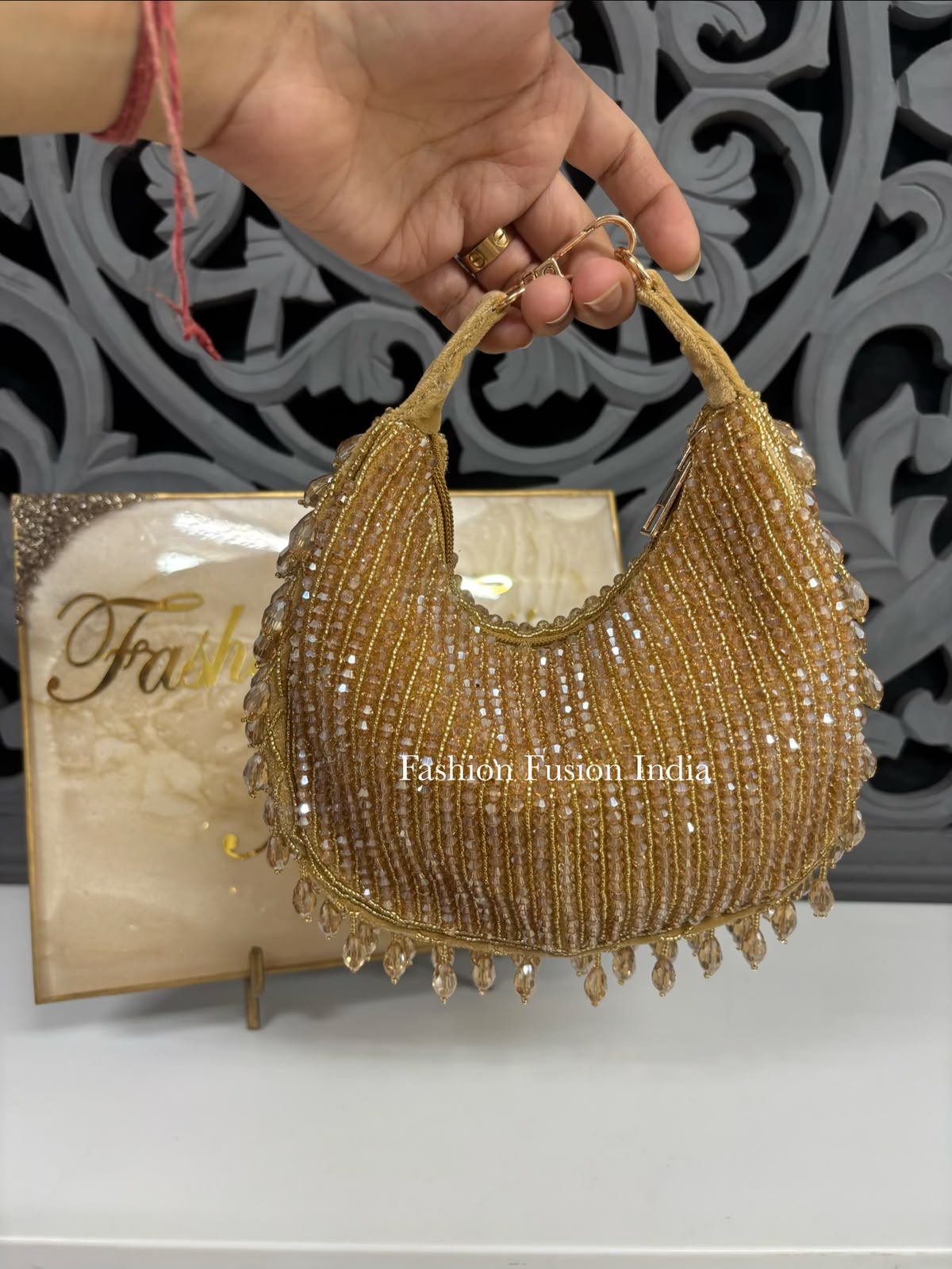 gold beaded crystals hand embroidery moon lutch bag