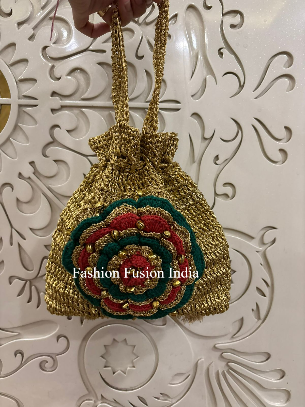 Golden Hand Crochet Floral Potli Bag | Fashion Fusion India