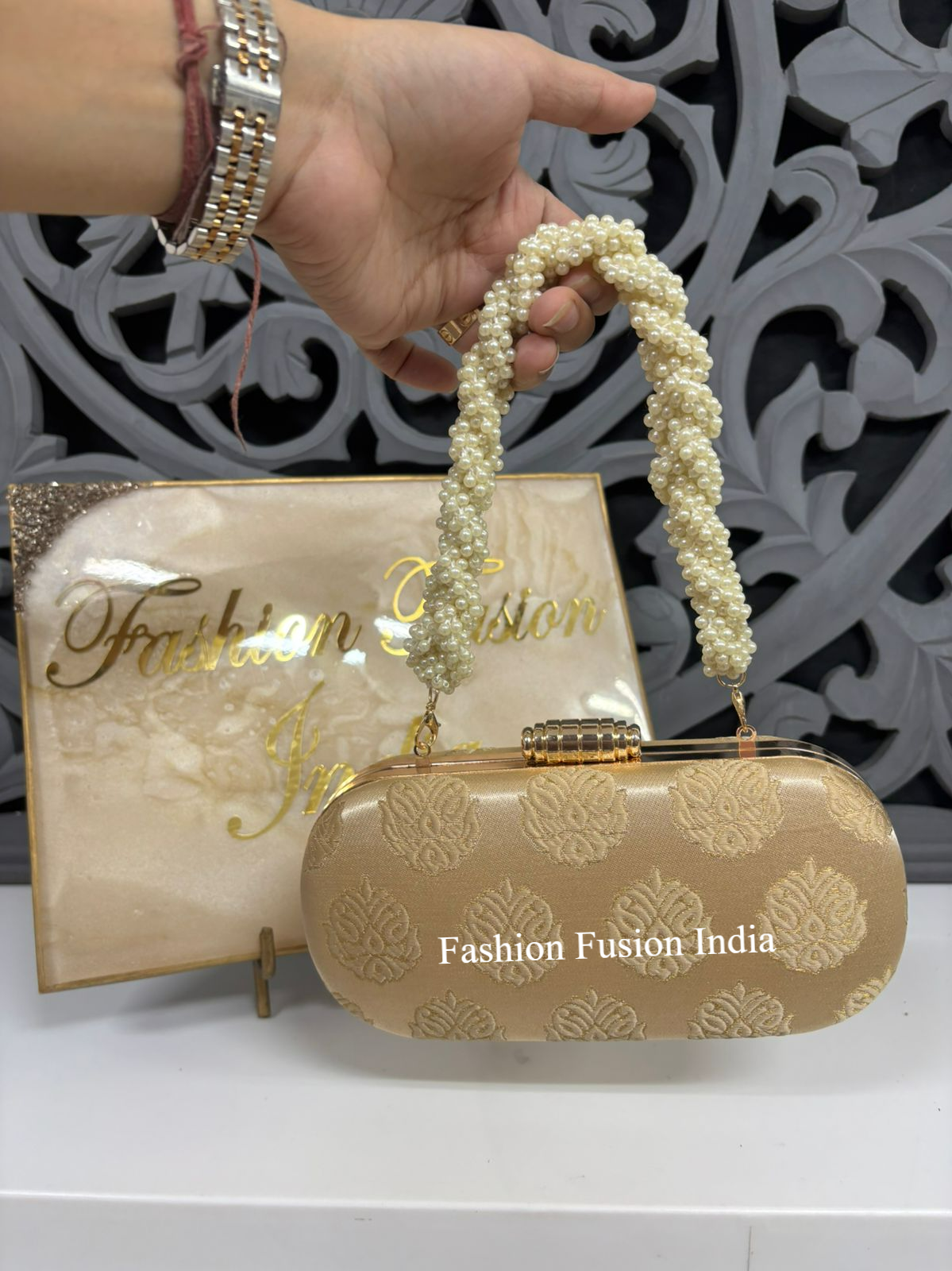 Golden Brocade Clutch Bag with Pearl Handle