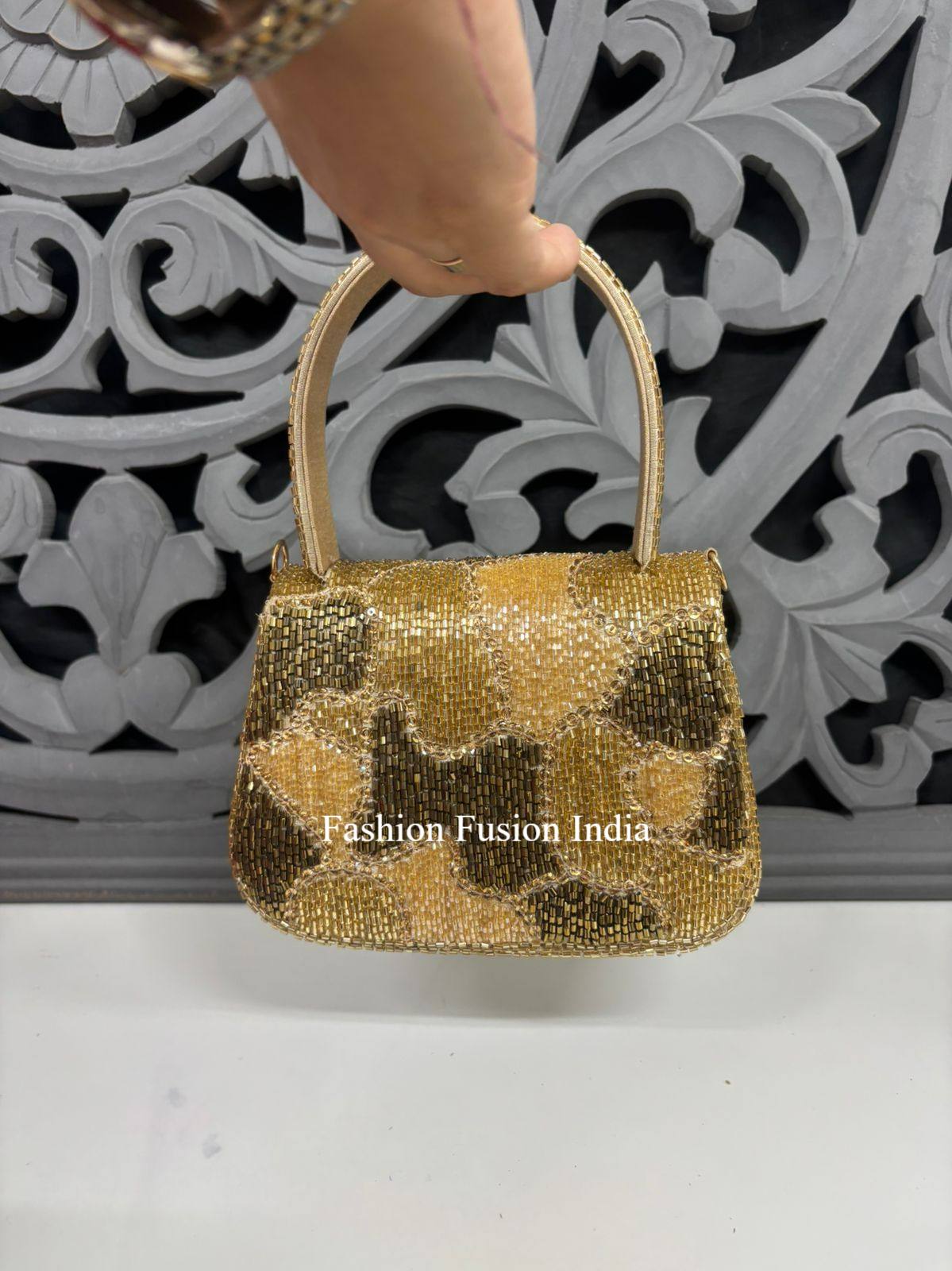 Golden Beaded Flap Handbag for Women