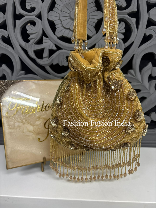 Golden Pearl Crystal Bridal Potli Bag