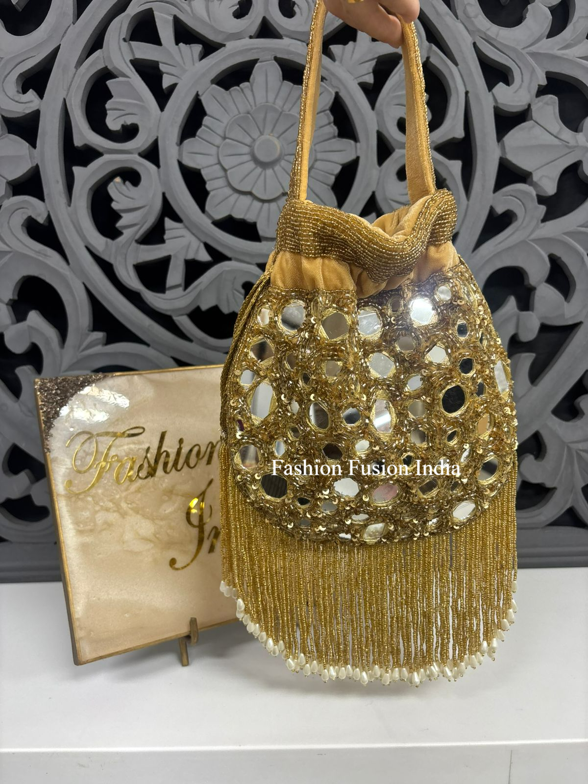 Golden Mirror Embroidered Bridal Potli Bag