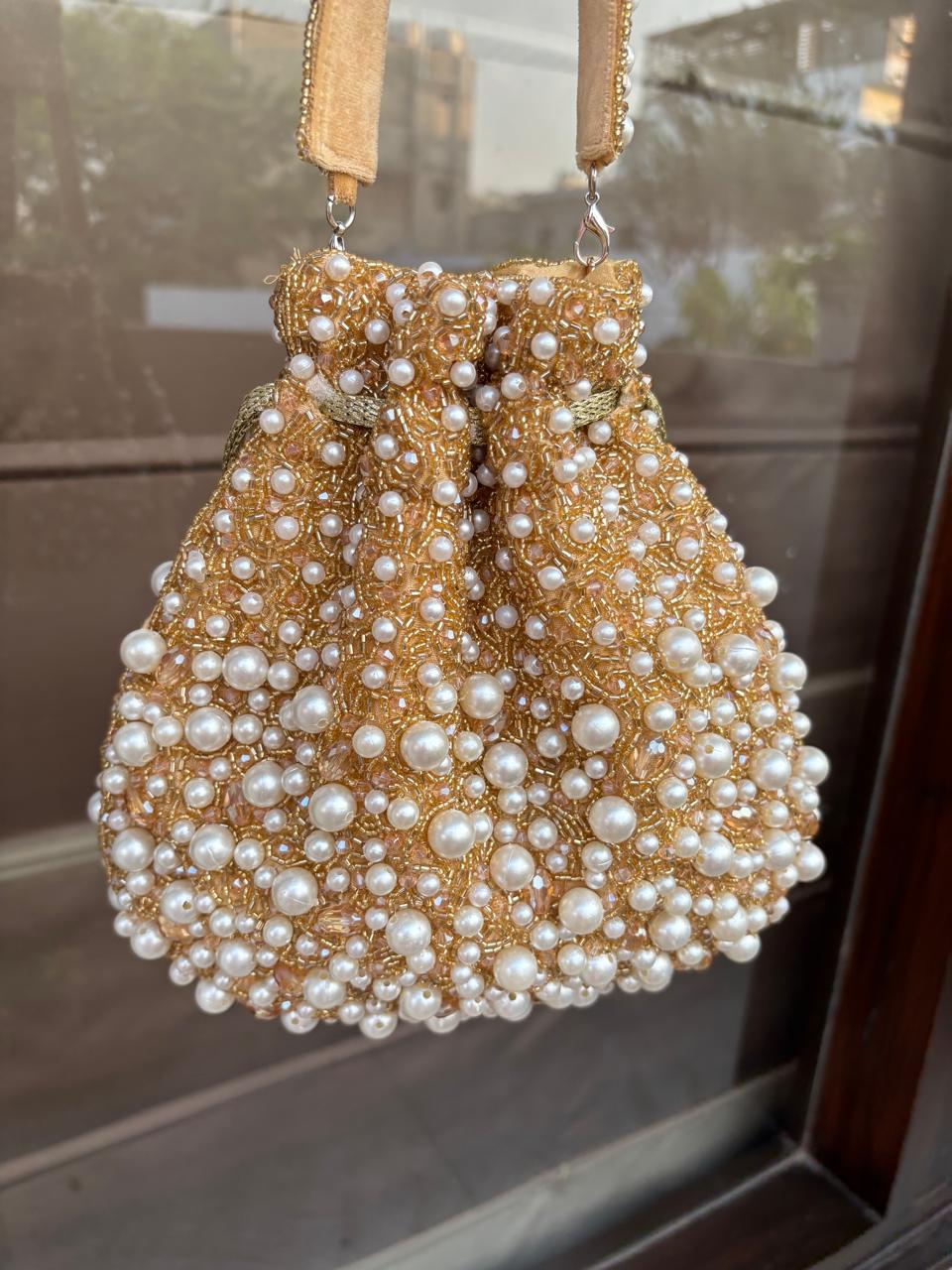 White Pearl and Green Beaded Potli Bag – Handmade Bridal & Festive Party Clutch | Fashion Fusion India