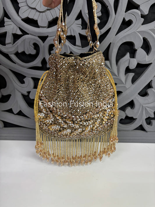 Golden Crystal Beaded Potli Bag – Luxury Bridal Wedding Purse by Fashion Fusion India