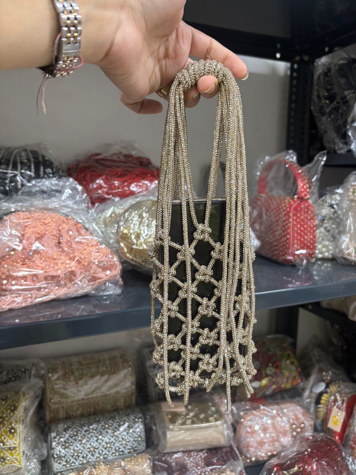 Golden Rhinestone Mobile Sling Bag for Women